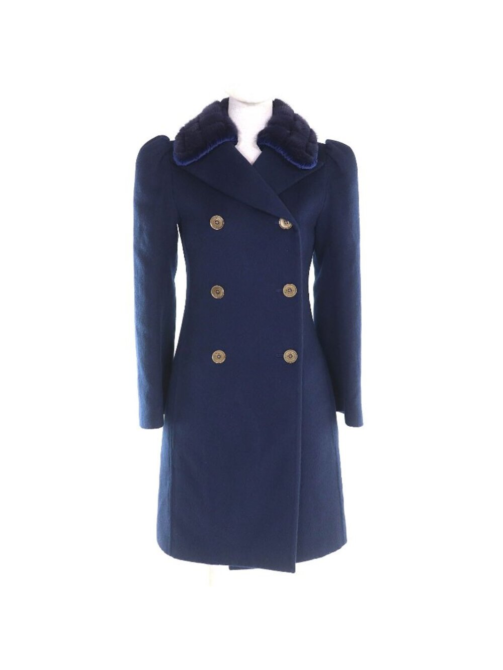 Fendi Wool Silk Mink Logo Button Double Breasted Long Coat Navy 38